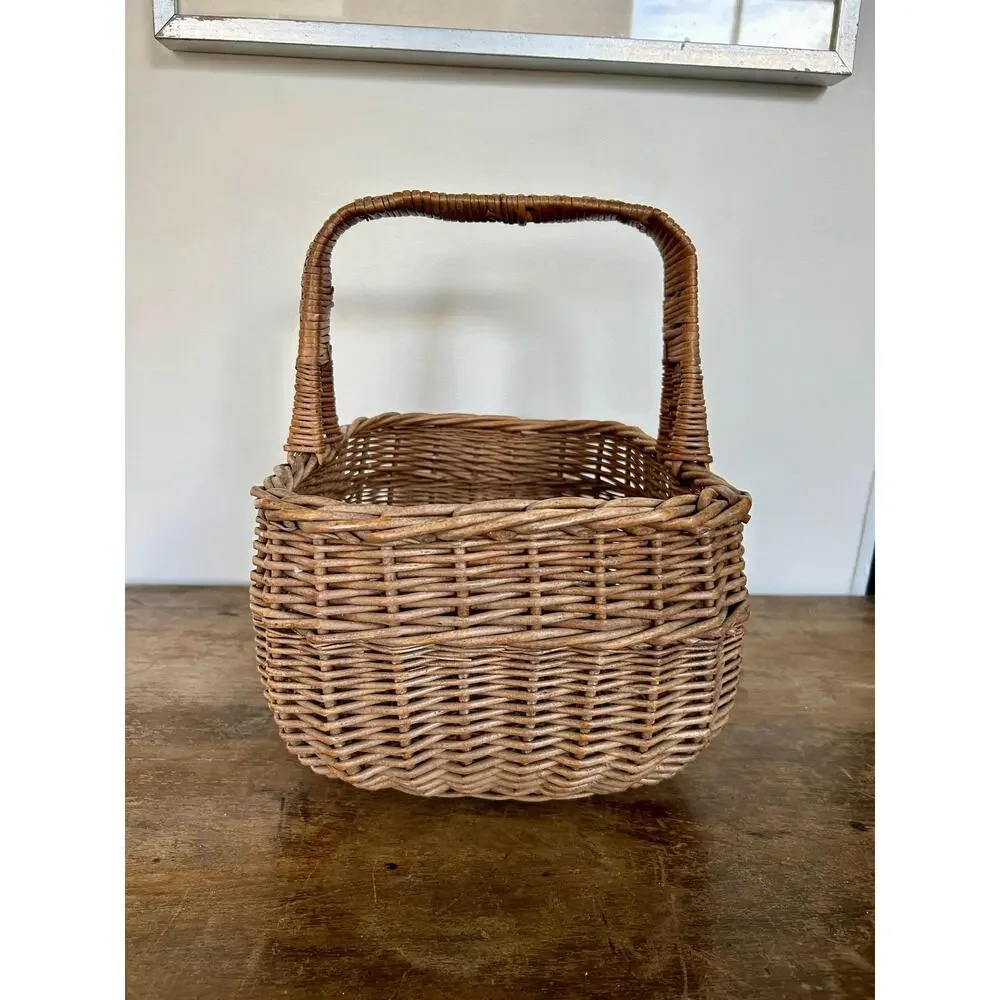 Vintage Rustic Gathering Wicker Basket with Handle | Primitive Cottagecore